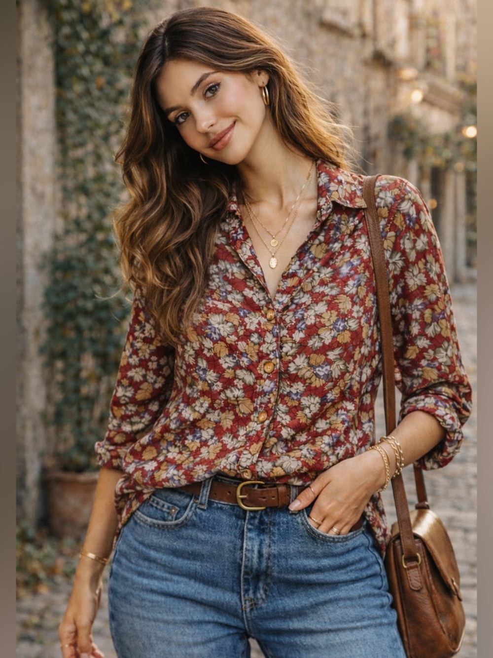 VIVA FLEUR Vintage Red Floral Button-Up Blouse Sz 7 Retro Cottagecore BohoTop - Picture 16 of 16